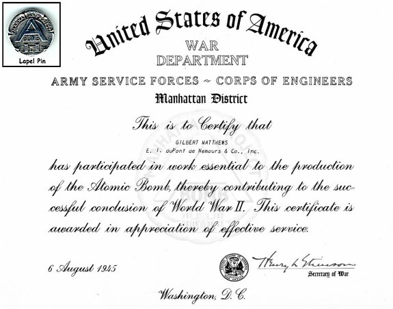 Manhattan Project Certificate